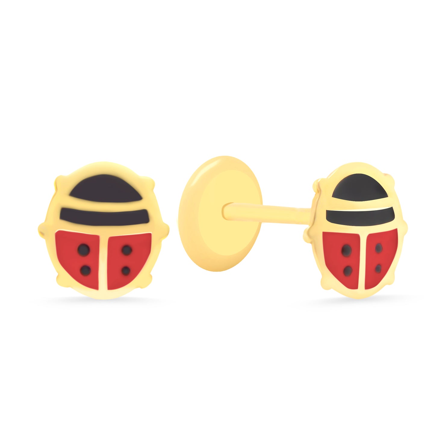 14K Yellow Gold Red Flat Ladybug Enamel Screwback Earrings