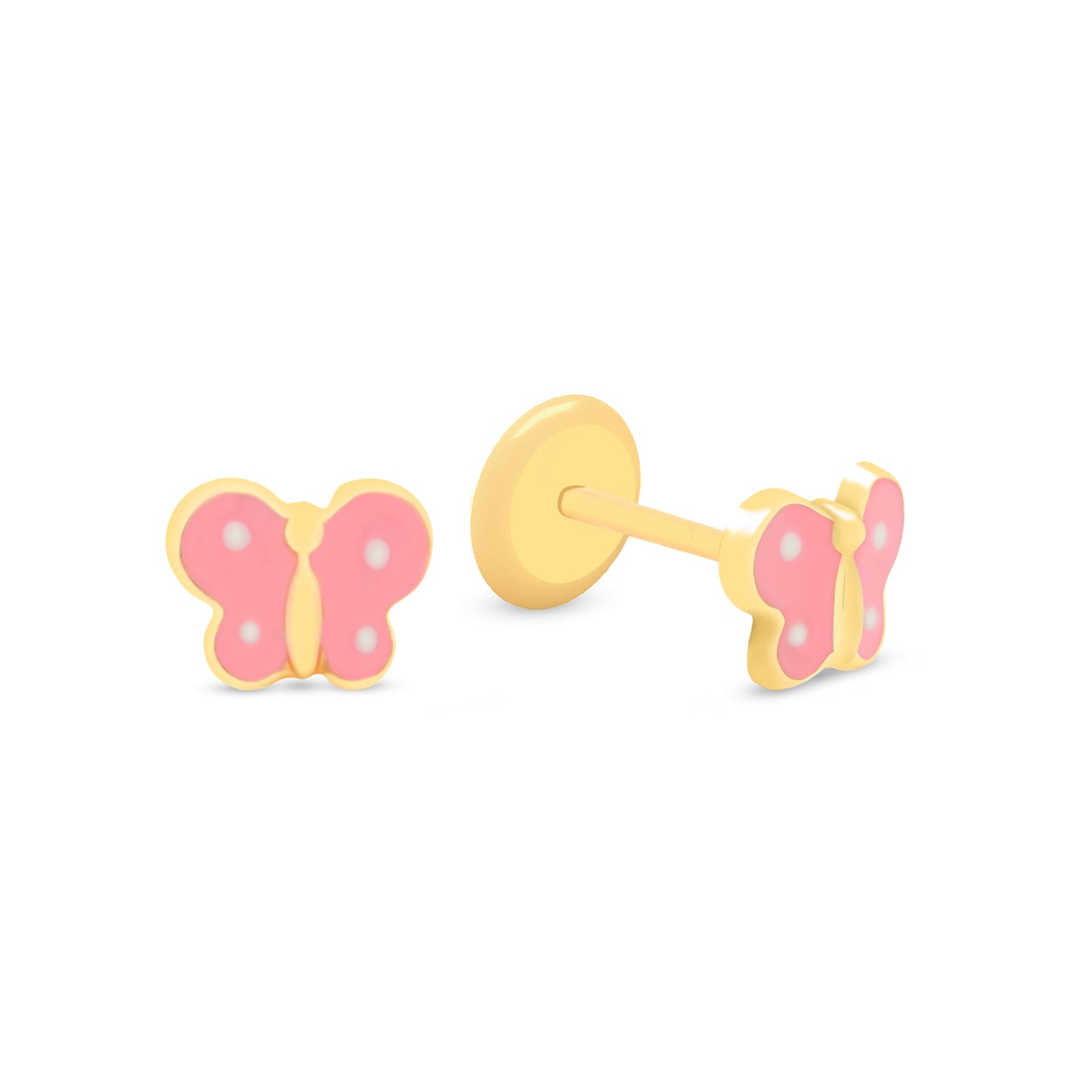 14K Yellow Gold Pink Butterfly Enamel Screwback Earrings