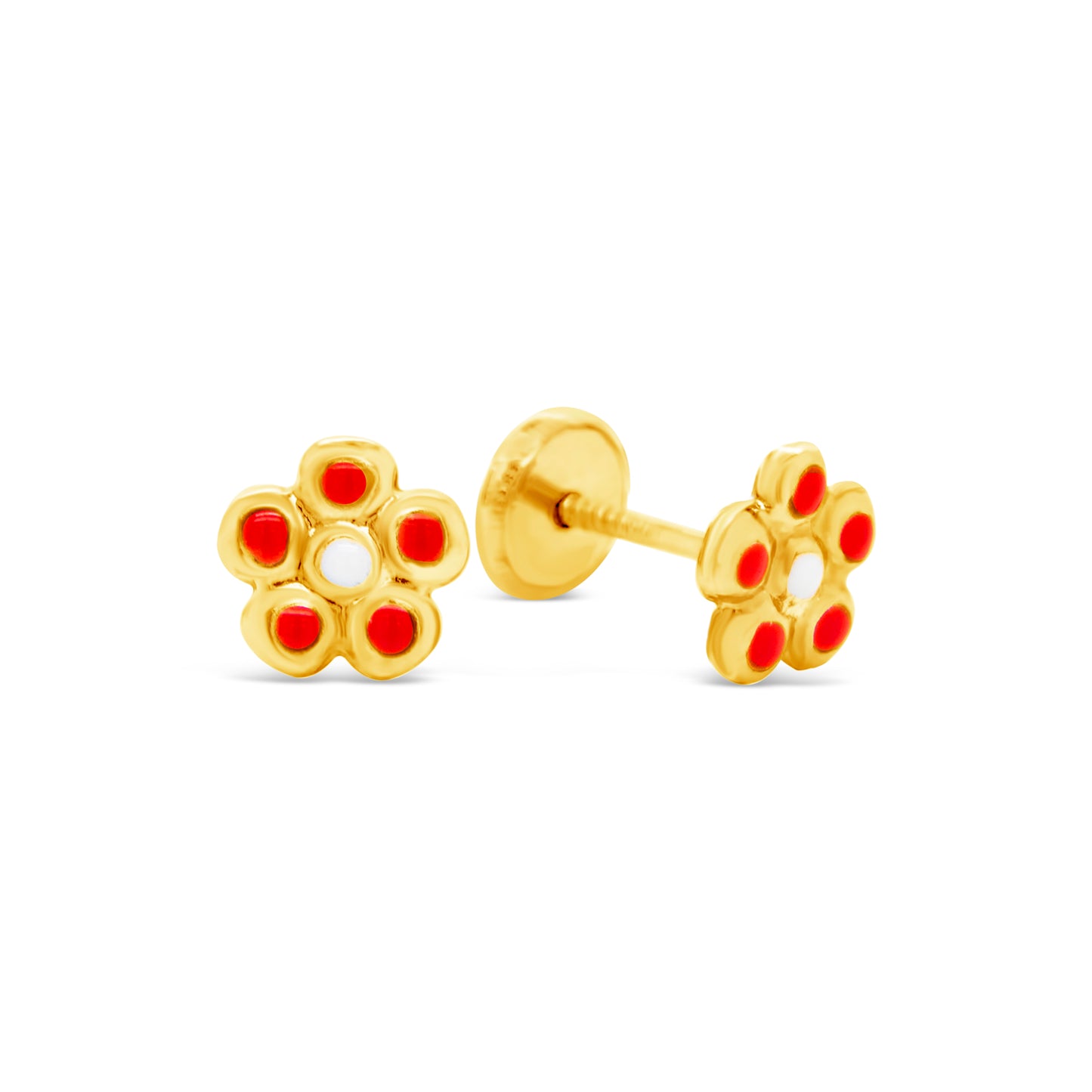 14K Yellow Gold Red and White Flower Enamel Screwback Earrings