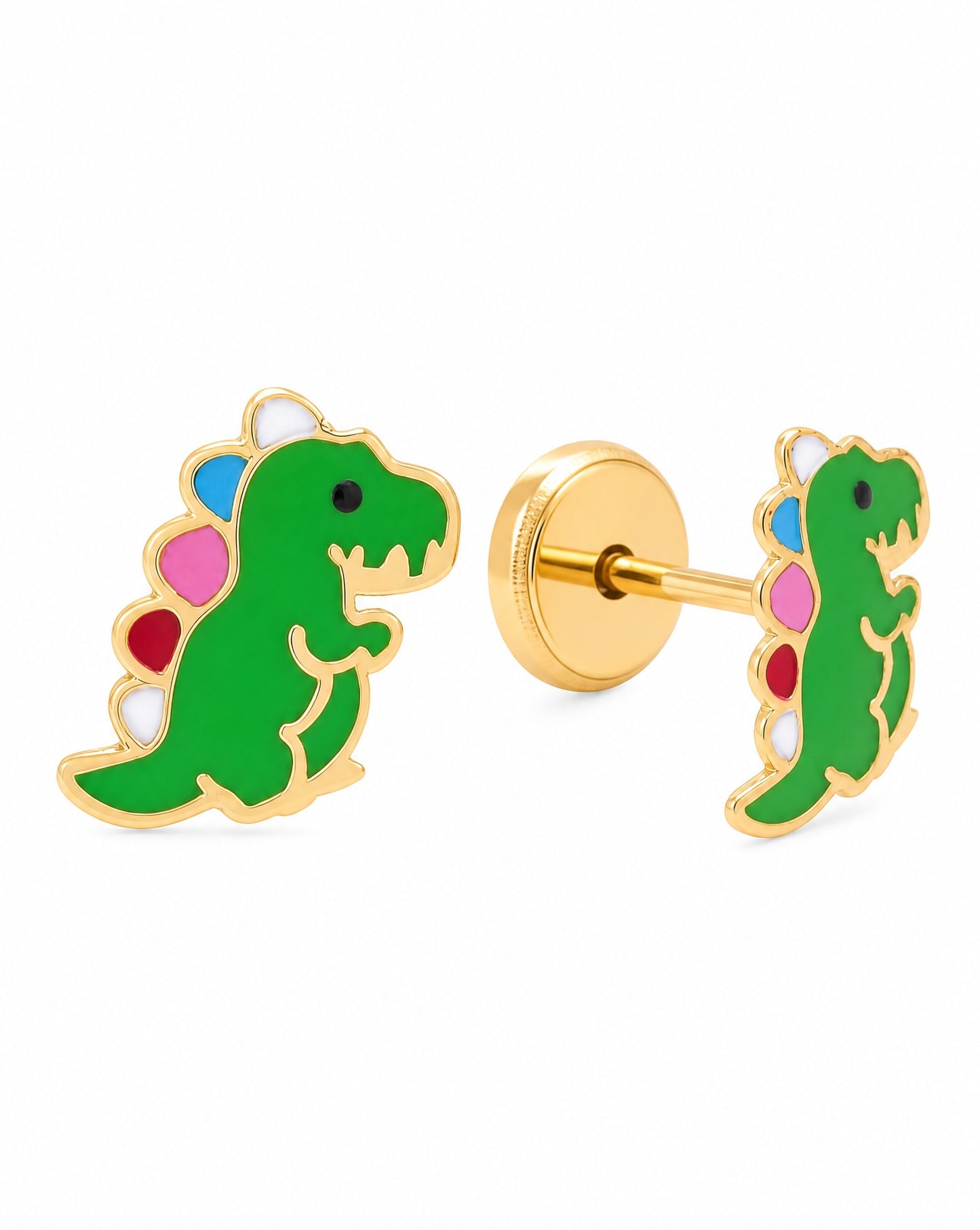 14K Yellow Gold Green Dinosaur Enamel Screwback Earrings