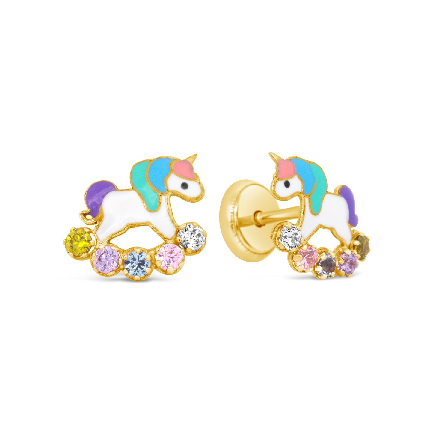 14K Yellow Gold Multicolor CZ Unicorn Enamel Screwback Earrings