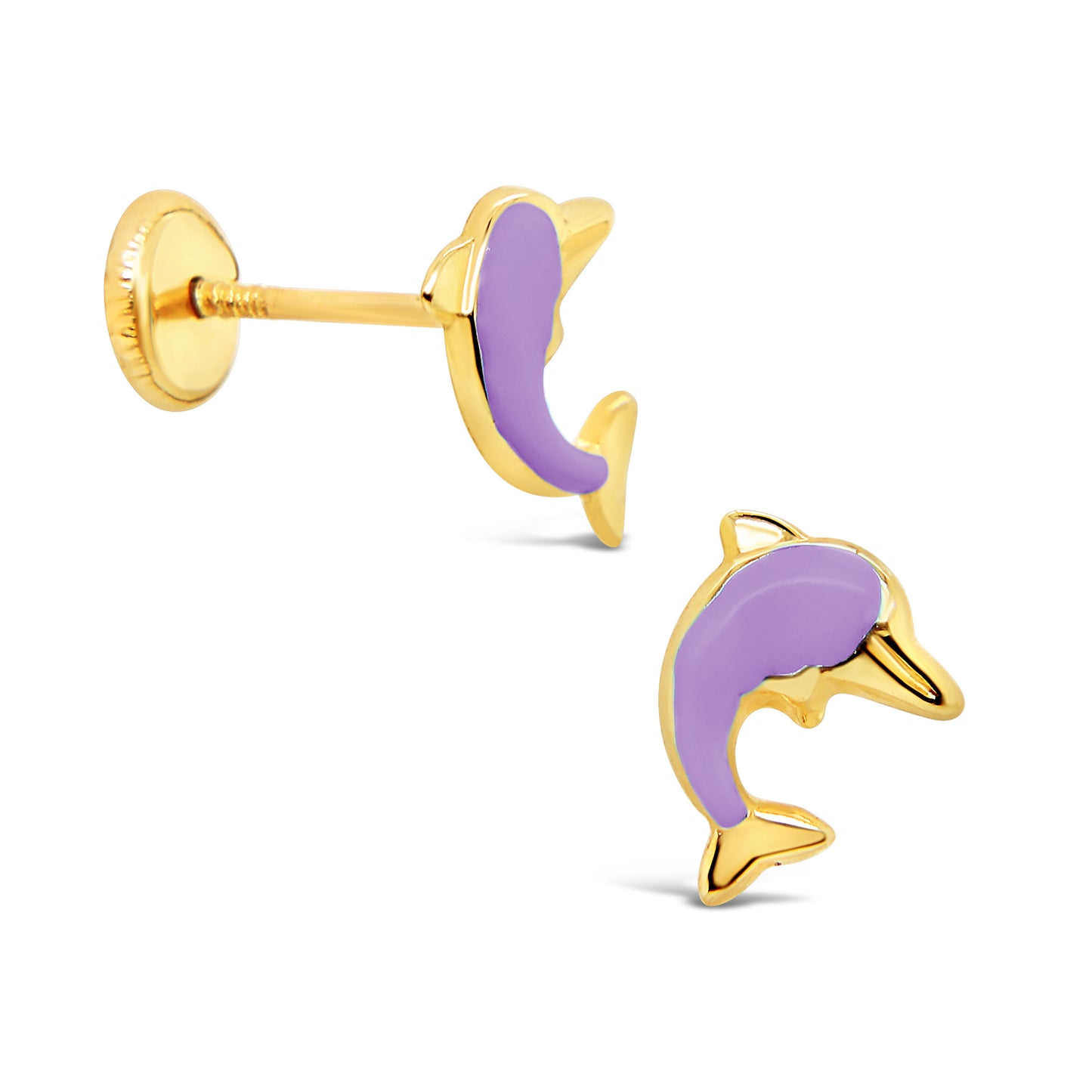14K Yellow Gold Purple Dolphin Enamel Screwback Earrings