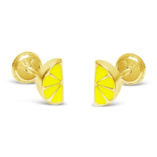 14K Yellow Gold Half Lime Enamel Screwback Earrings