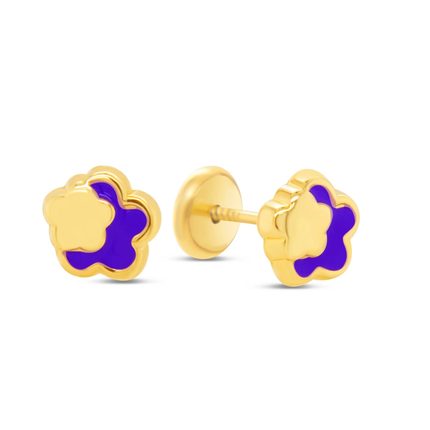 14K Yellow Gold Purple Flower Enamel Screwback Earrings