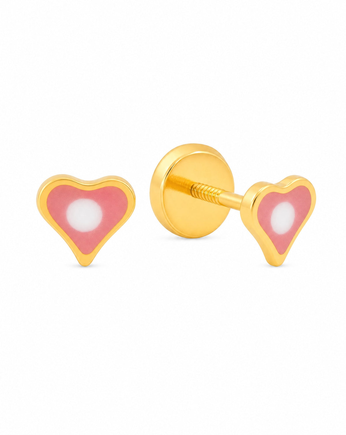 14K Yellow Gold Small Pink and White Heart Enamel Screwback Earrings