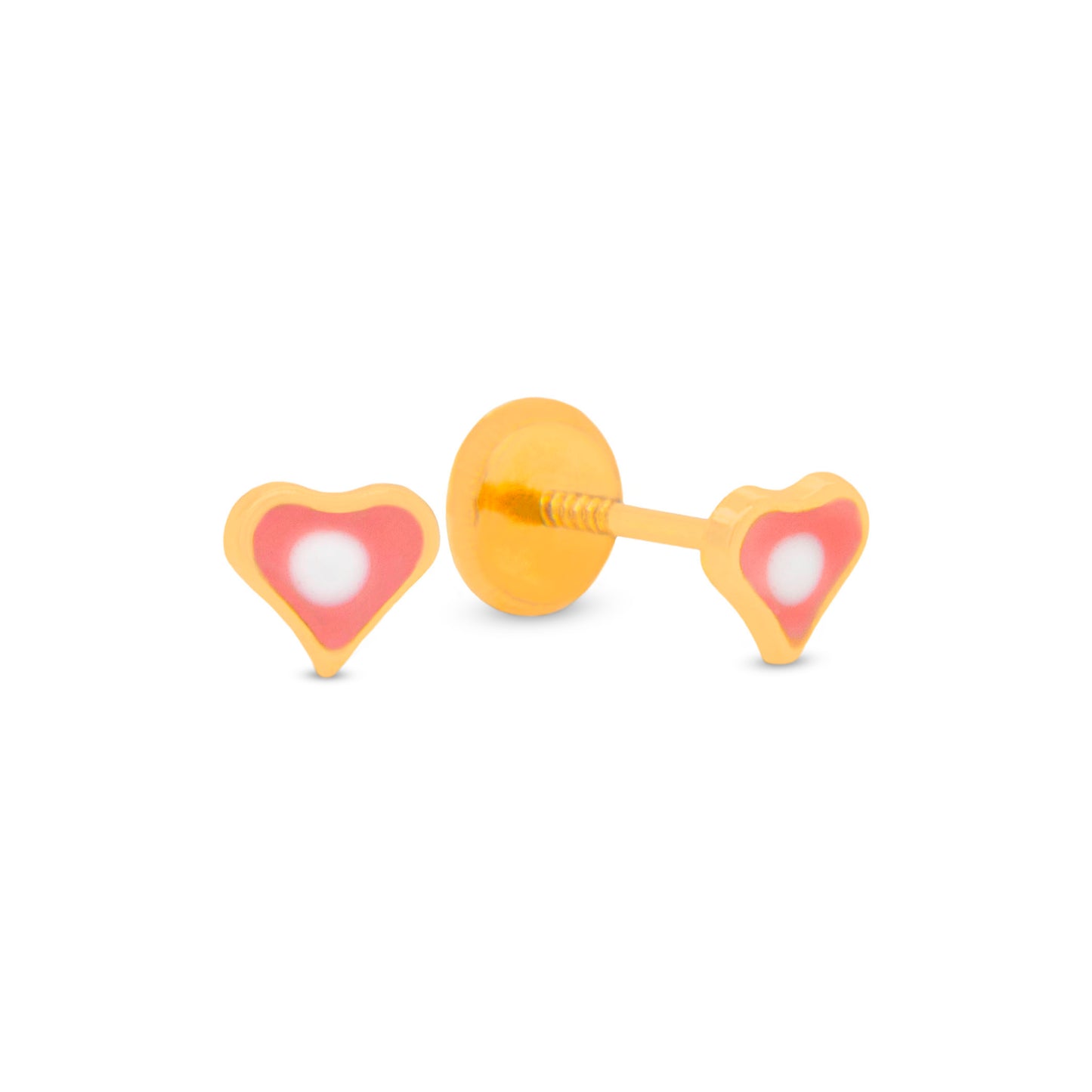 14K Yellow Gold Small Pink and White Heart Enamel Screwback Earrings