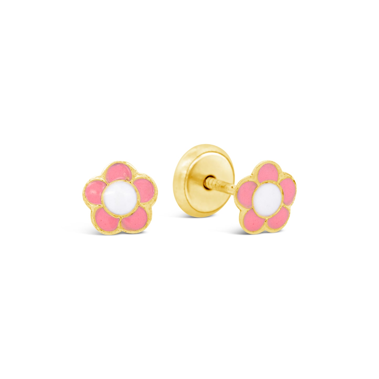 14K Yellow Gold Pink and White 5 Petals Flower Enamel Screwback Earrings