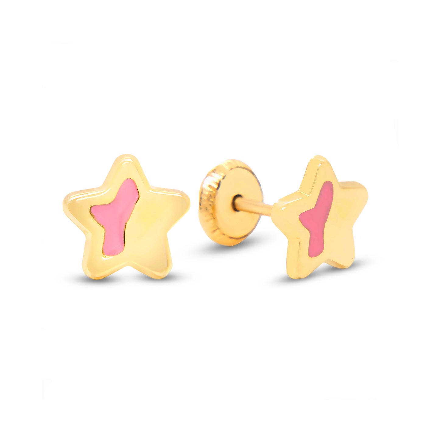 14K Yellow Gold Pink Star Enamel Screwback Earrings