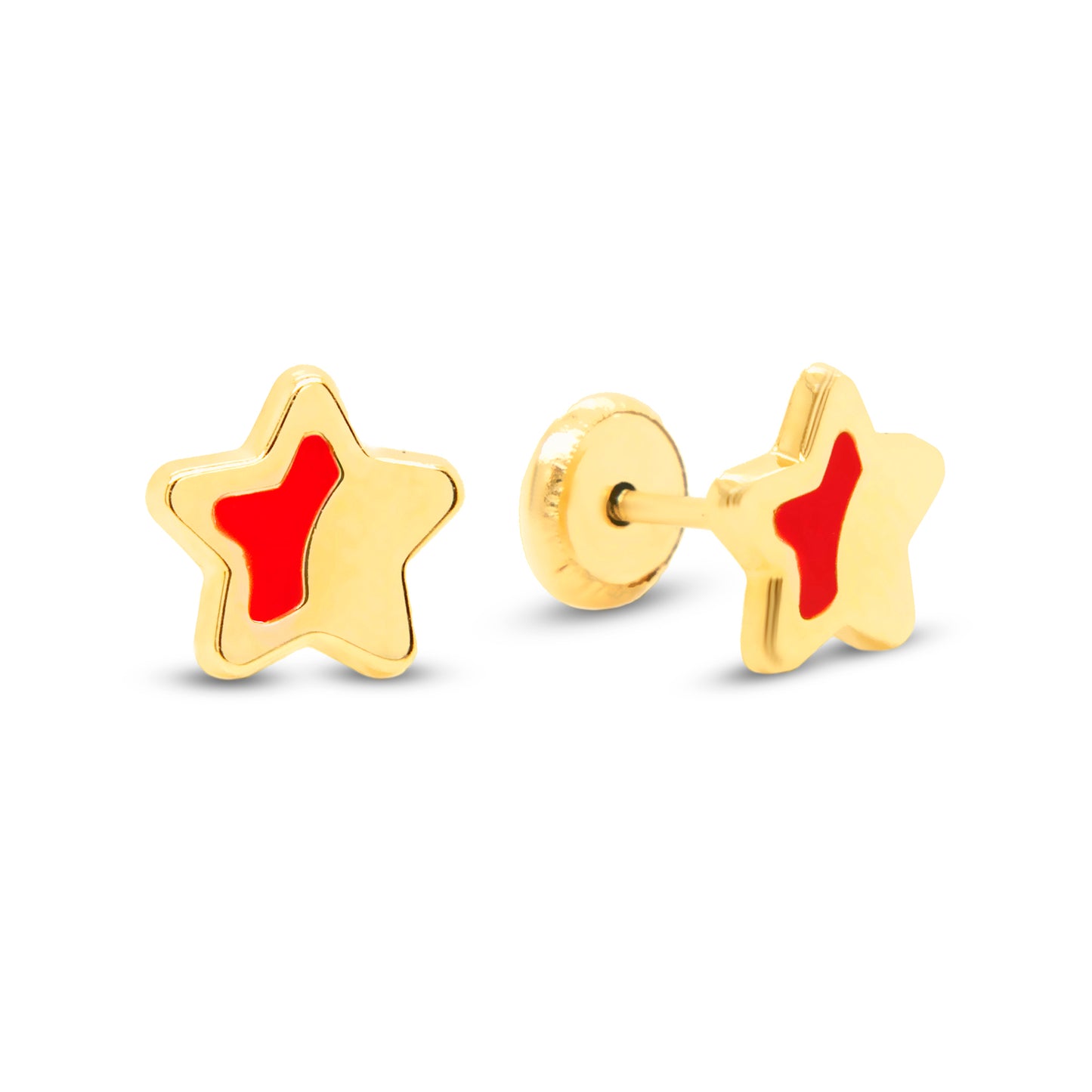 14K Yellow Gold Red Star Enamel Screwback Earrings