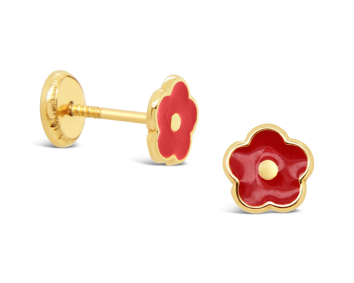 14K Yellow Gold Medium Red Enamel Flower Screwback Earrings