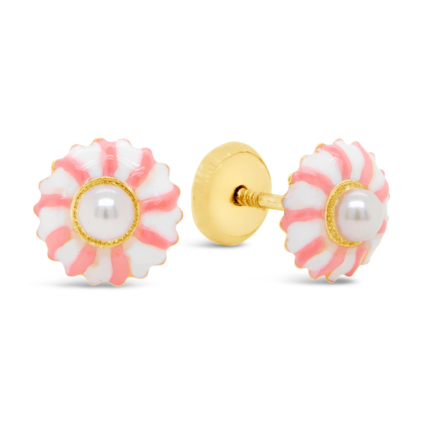 14K Yellow Gold Pink and White Flower Enamel with Pearl Screwback Earrings