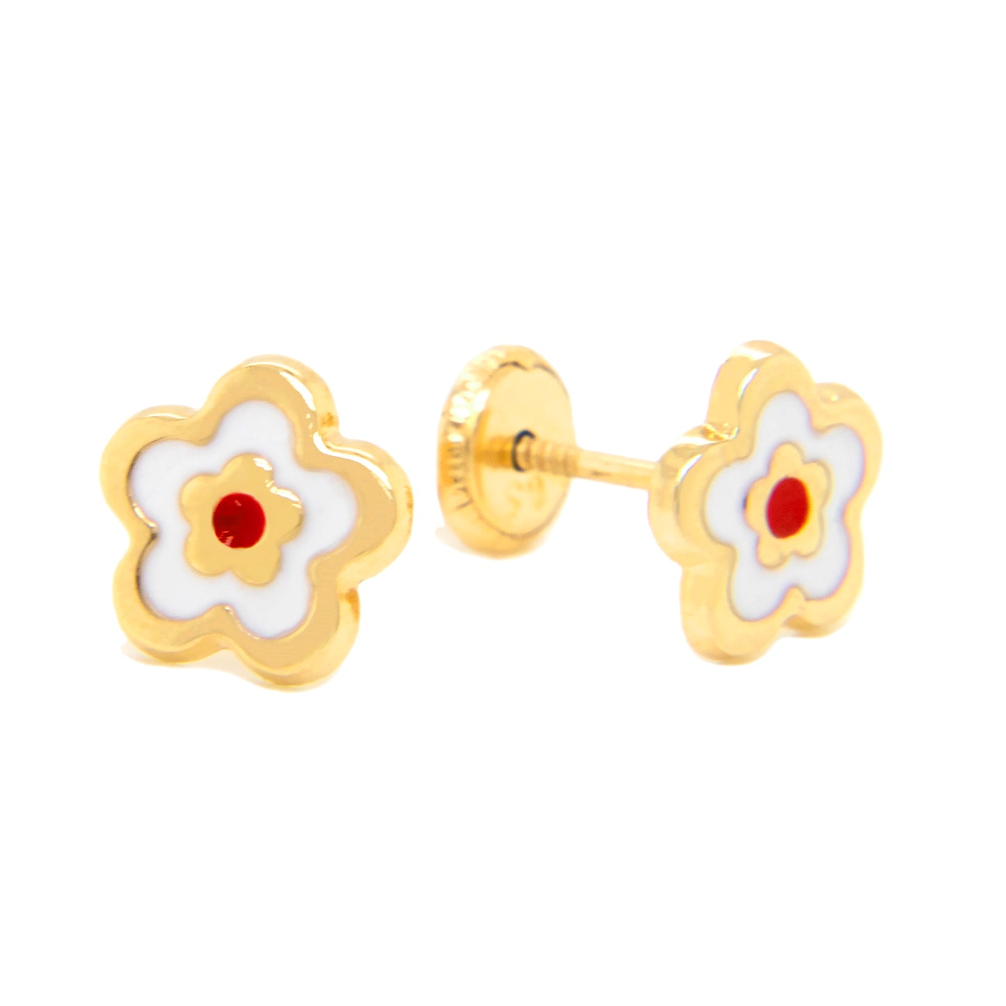 14K Yellow Gold White and Red Flower Enamel Screwback Earrings