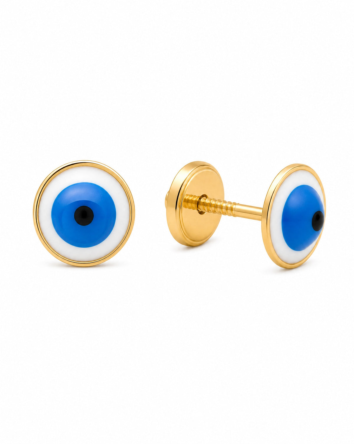 14K Yellow Gold Medium Rounded Evil Eye Enamel Screwback Earrings