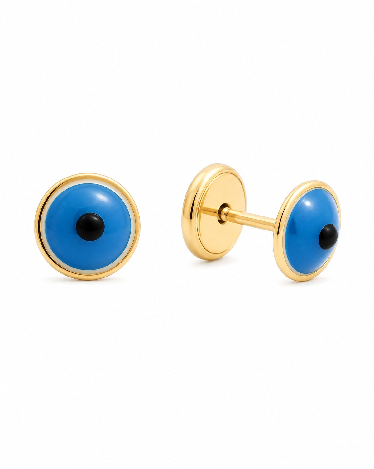 14K Yellow Gold Small Rounded Evil Eye Enamel Screwback Earrings