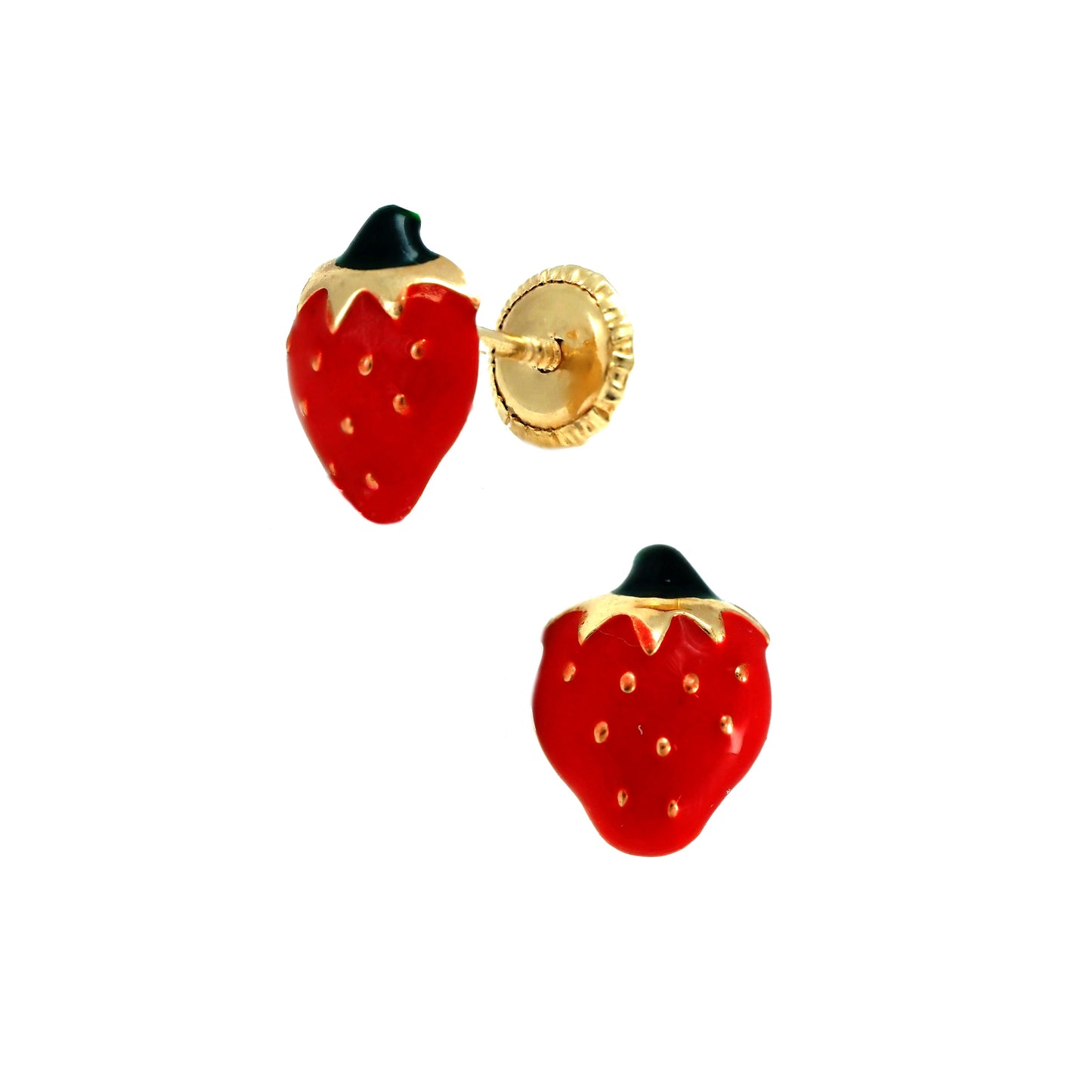 14K Yellow Gold Strawberry Enamel Screwback Earrings