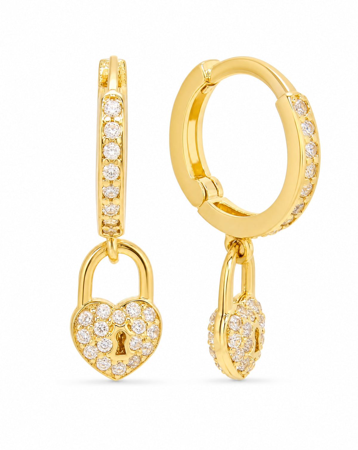 14k Yellow Gold Micro Pave CZ Dangling Heart Huggie Earring