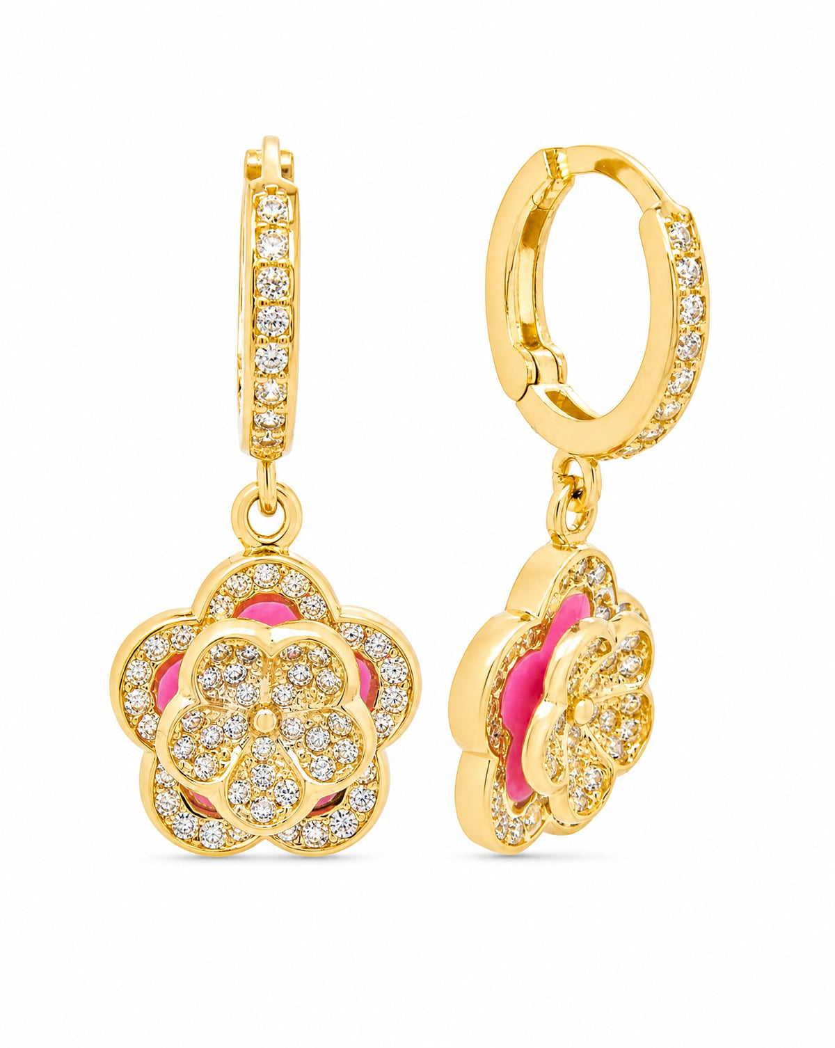 14k Yellow Gold Pink Enamel Flower Huggie Earring