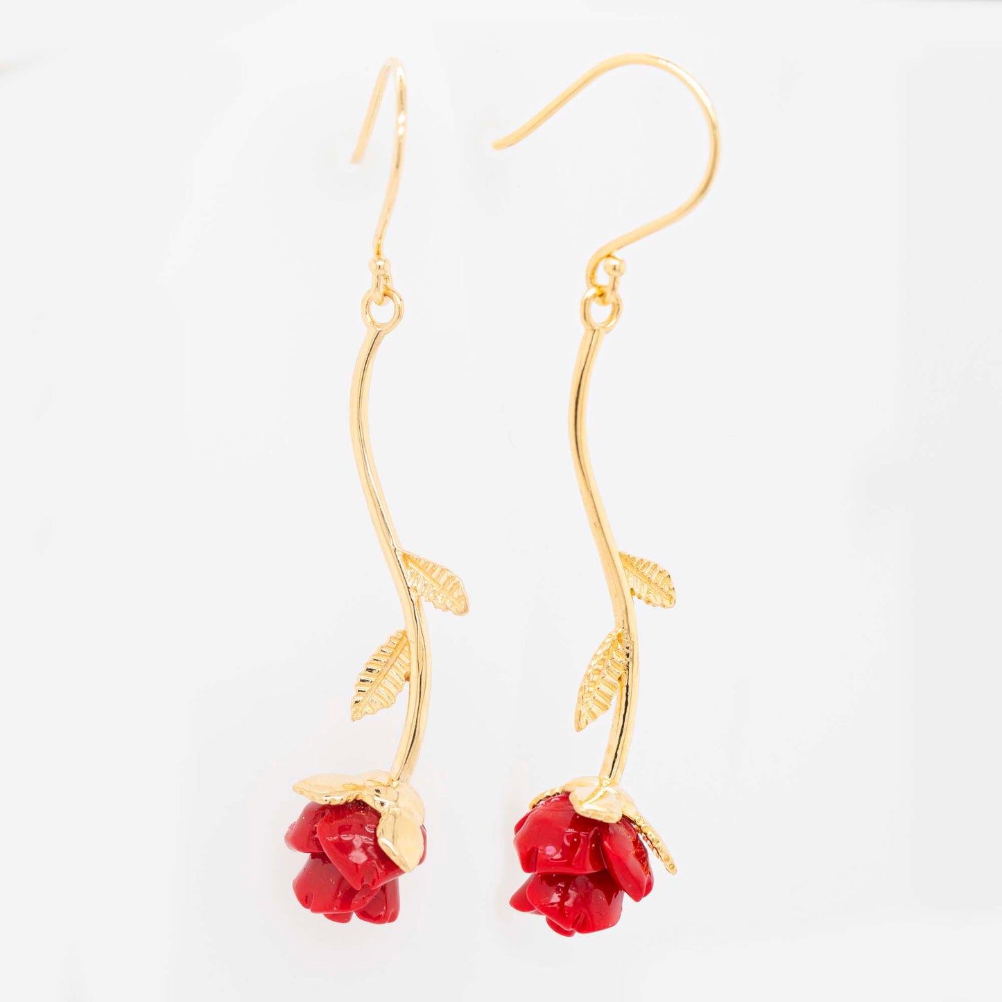 14K Yellow Gold Red Rose Acrylic Dangling Earrings
