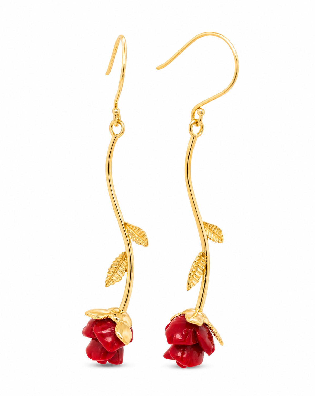 14K Yellow Gold Red Rose Acrylic Dangling Earrings