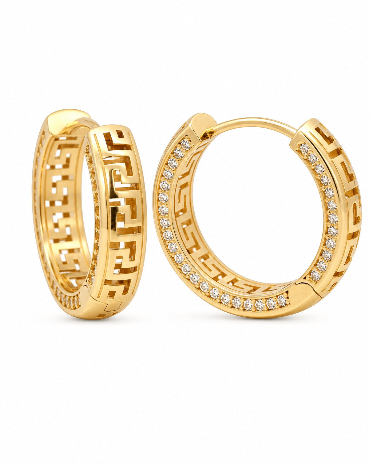 14k Yellow Gold 20mm CZ Greek Pattern Huggie Earring