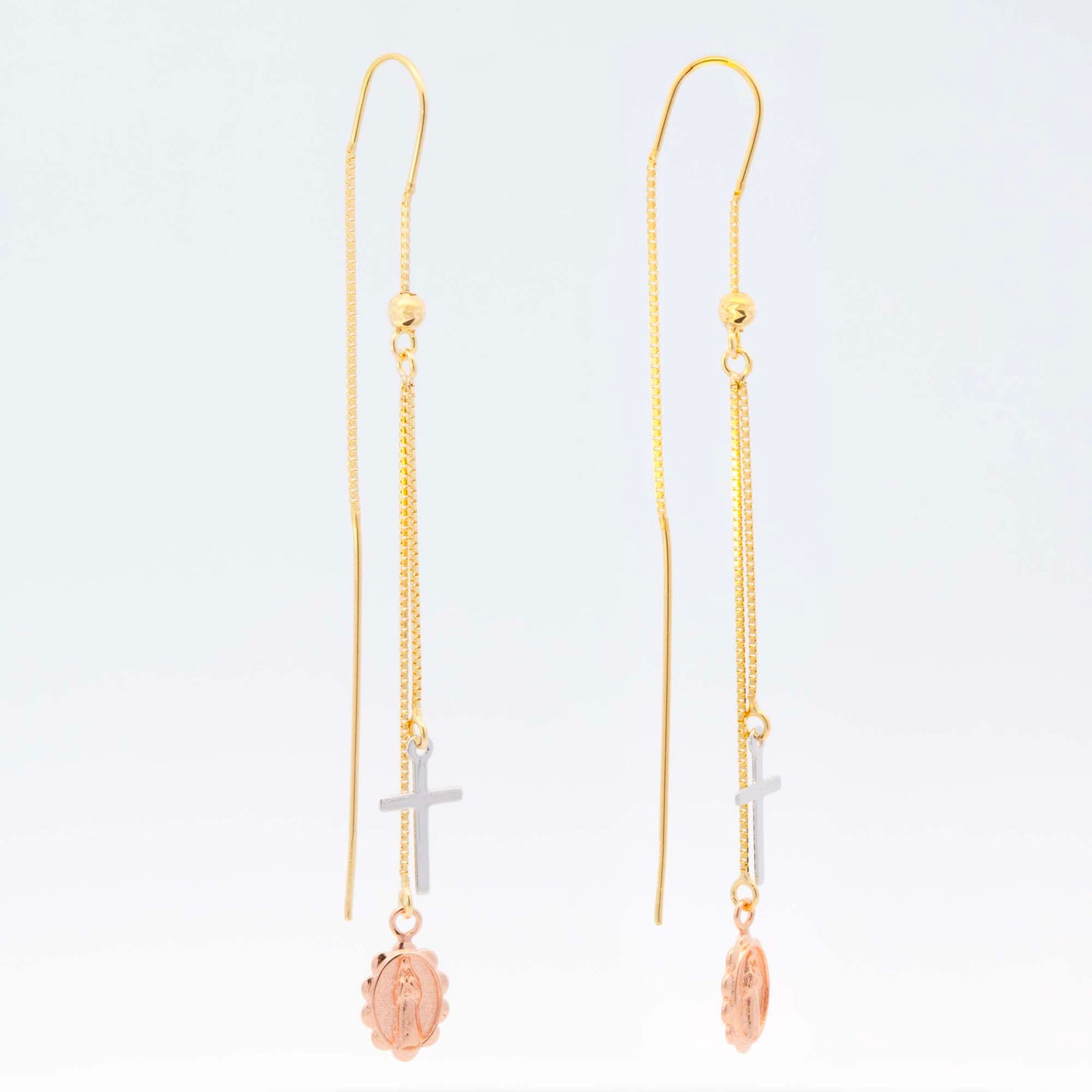 14K Tri-Color Gold Cross & Medal Dangling Earrings