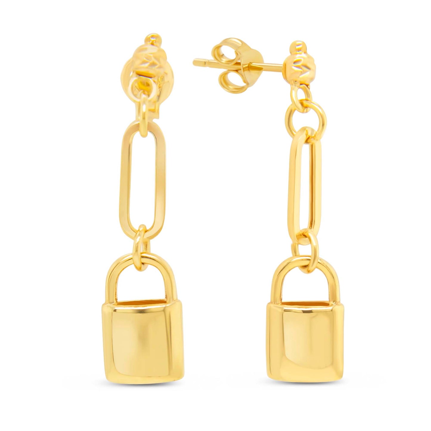 14K Yellow Gold Paperclip Link & Lock Dangling Earrings