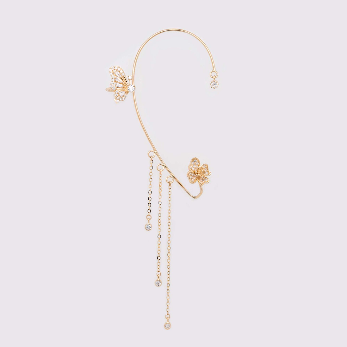14K Yellow Gold CZ Butterfly Flower Dangling Ear Climber