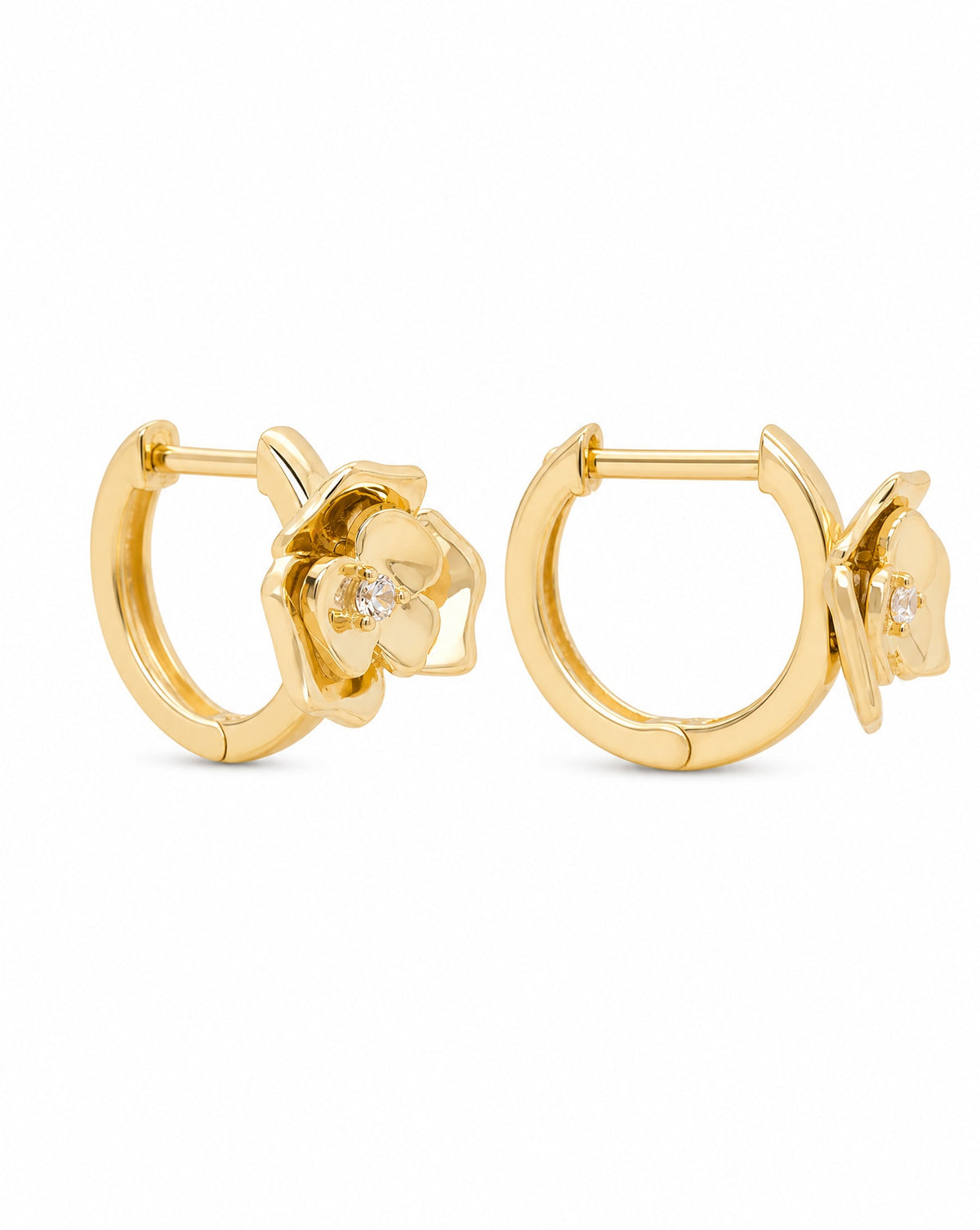 14k Yellow Gold 3D Flower Huggie Earring