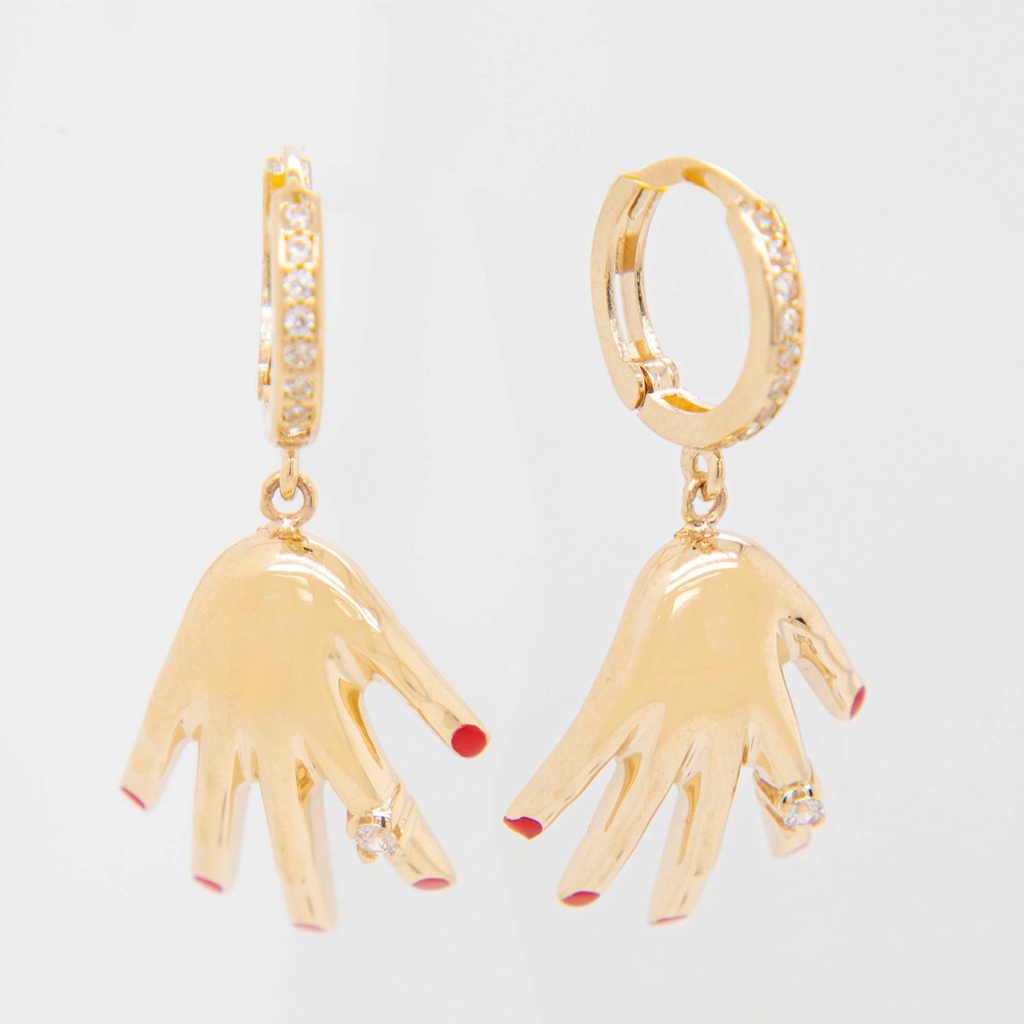 14k Yellow Gold Dangling Hands Huggie Earring