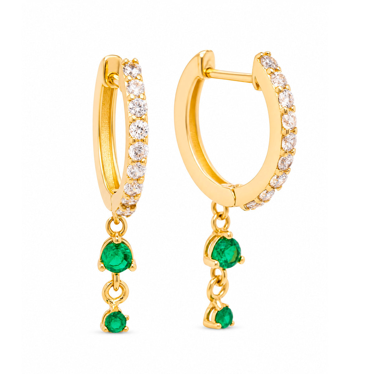 14k Yellow Gold Green CZ Dangling Huggie Earring
