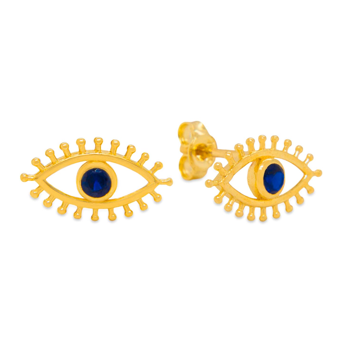 14k Yellow Gold Blue CZ Evil Eye with Eyelashes Earring