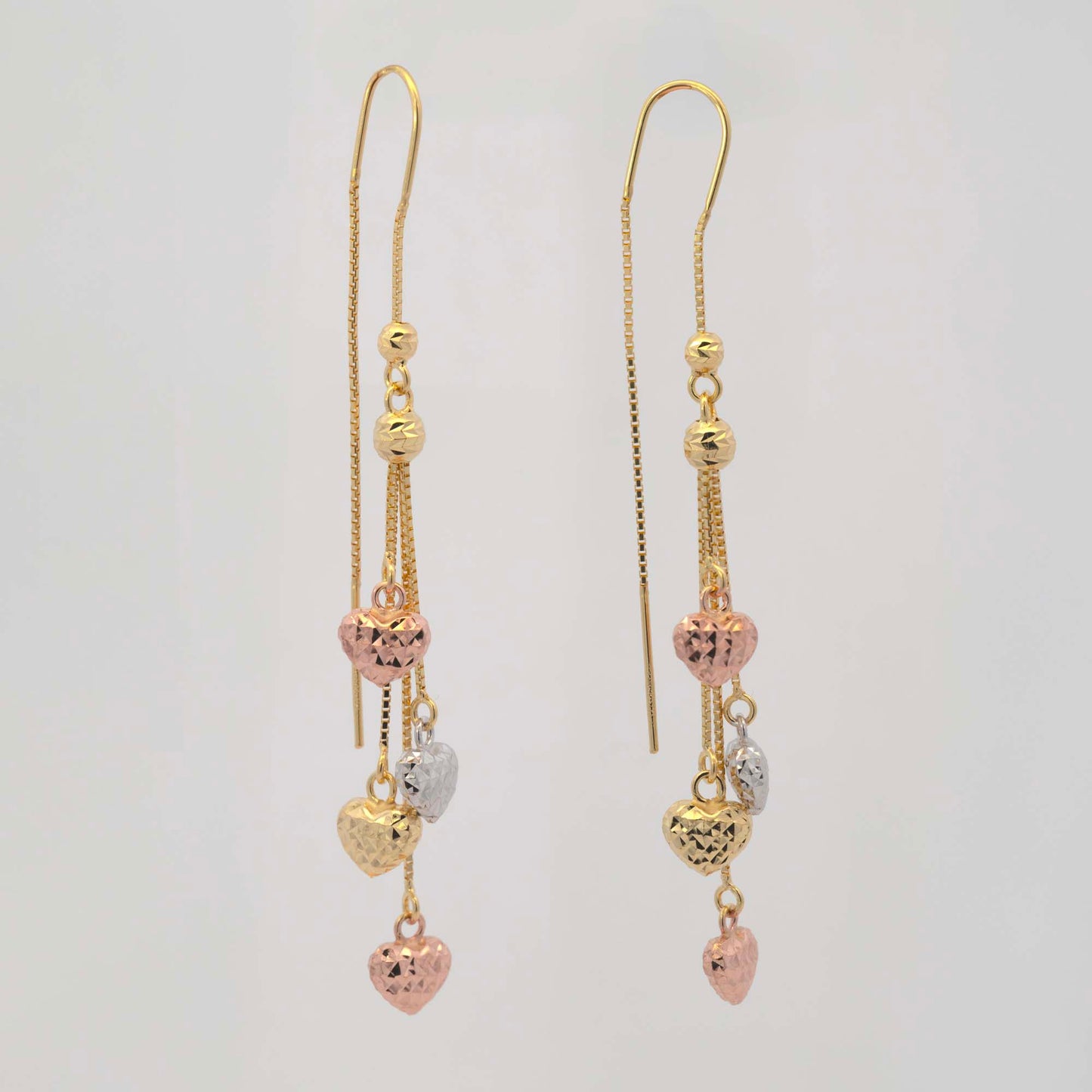 14K Tri-Color Gold Heart Dangling Earrings