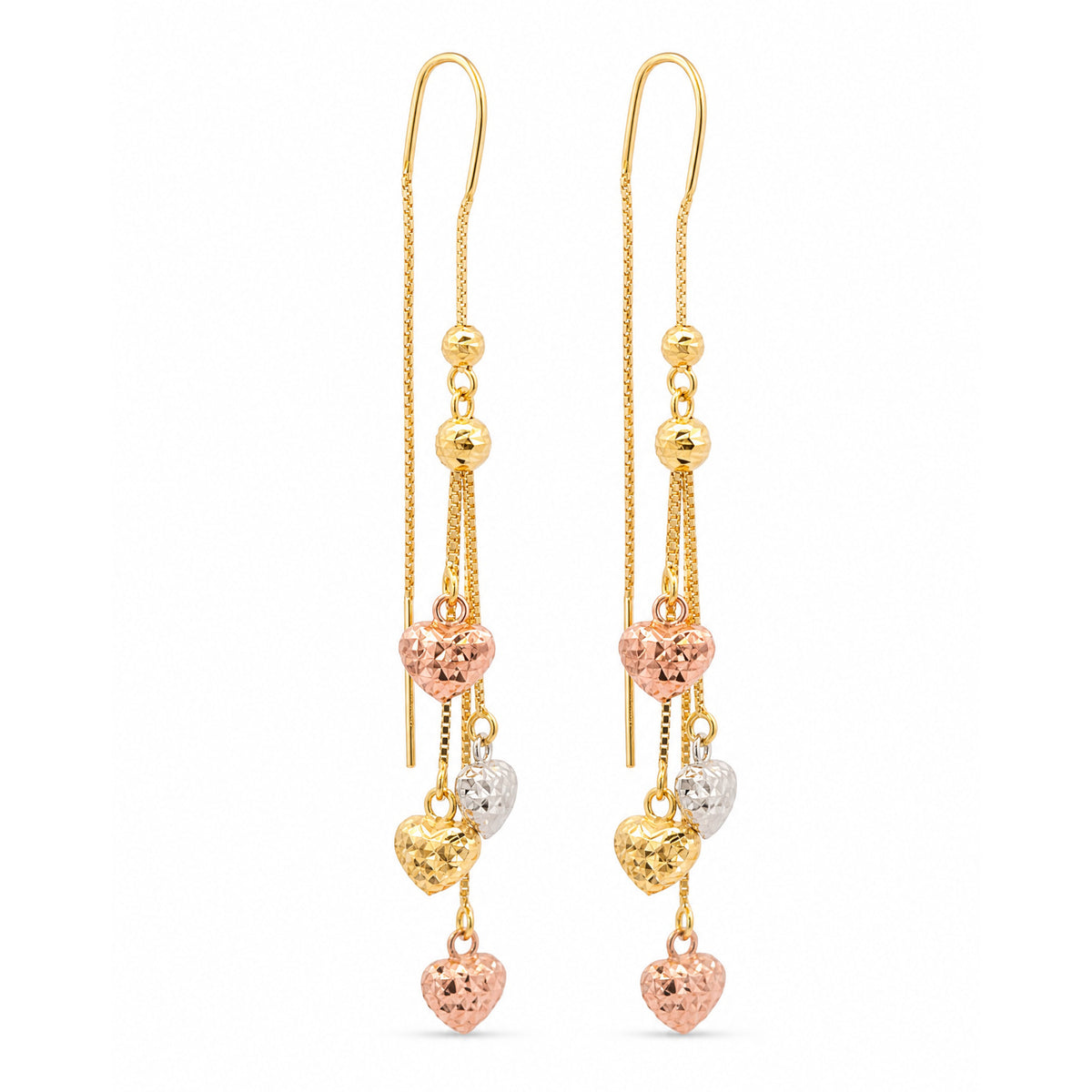 14K Tri-Color Gold Heart Dangling Earrings