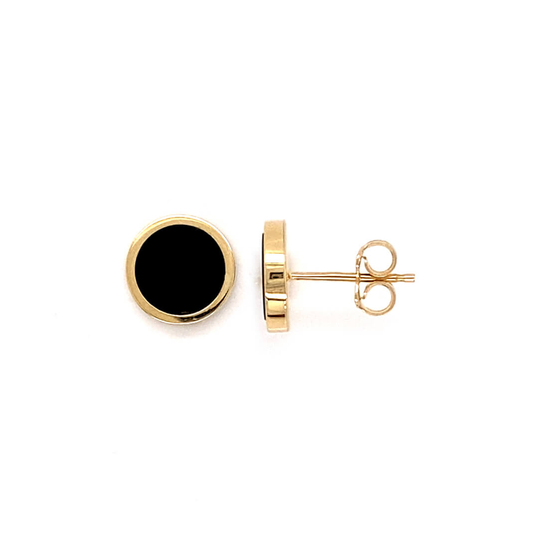 14K Yellow Gold Round Black Onyx Stud Earrings