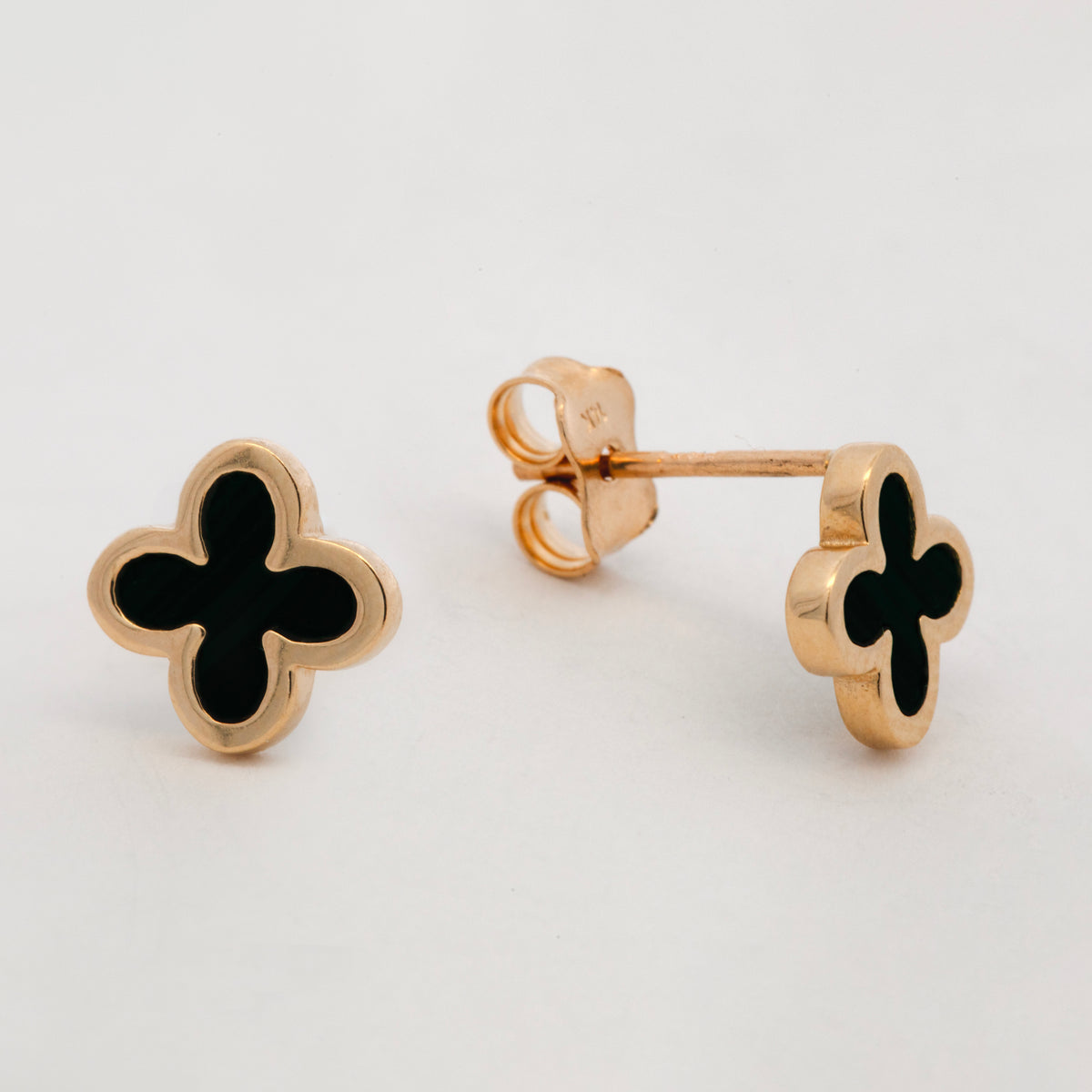 14K Yellow Gold Black Onyx Clover Stud Earrings