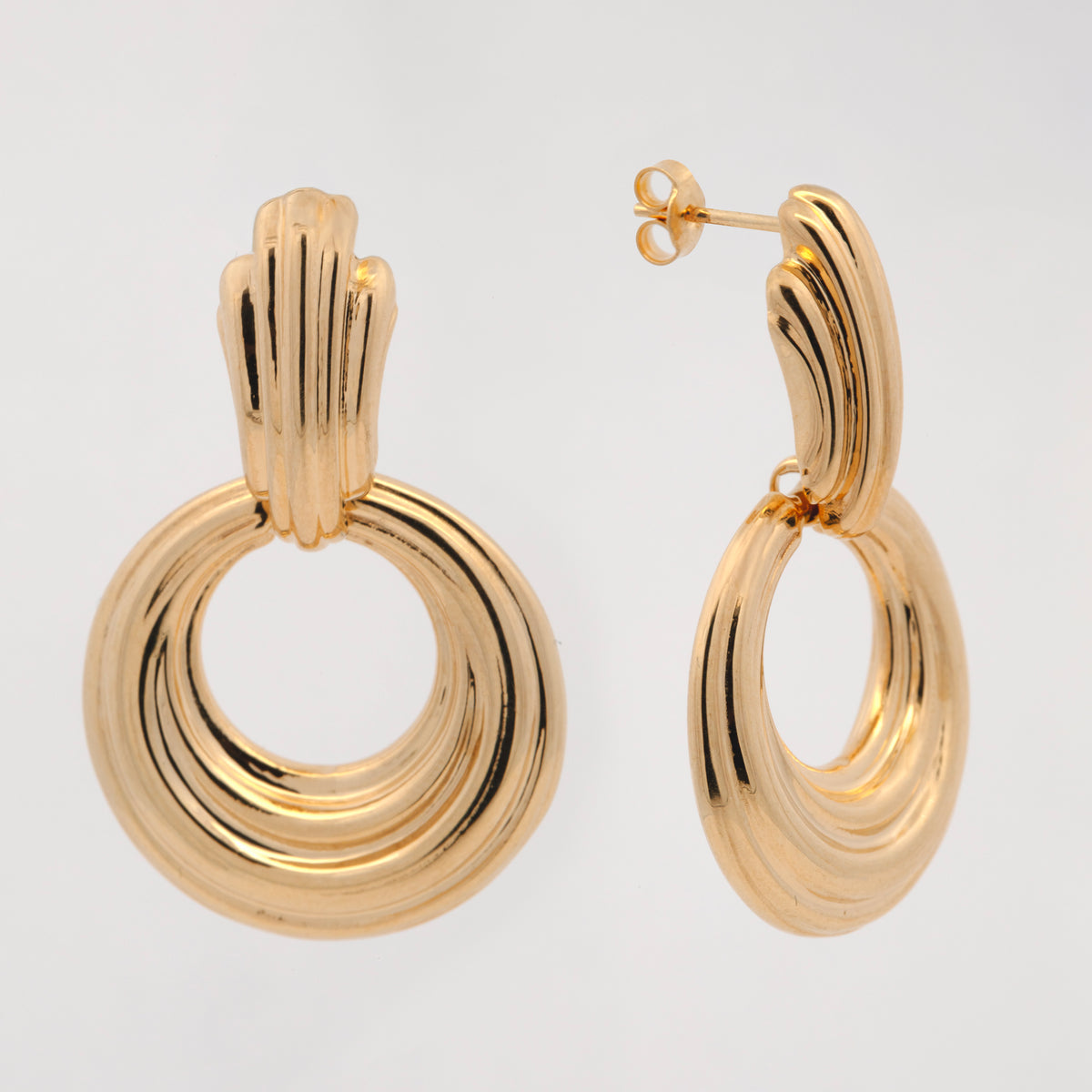 14K Yellow Gold Ribbed Ring Drop Earrings