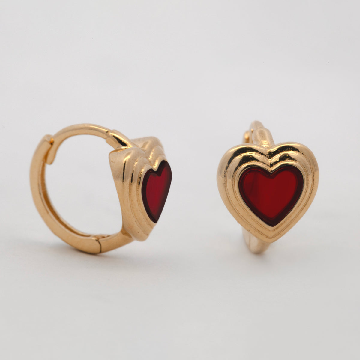 14K Yellow Gold Puffed Red Heart Huggie Earrings