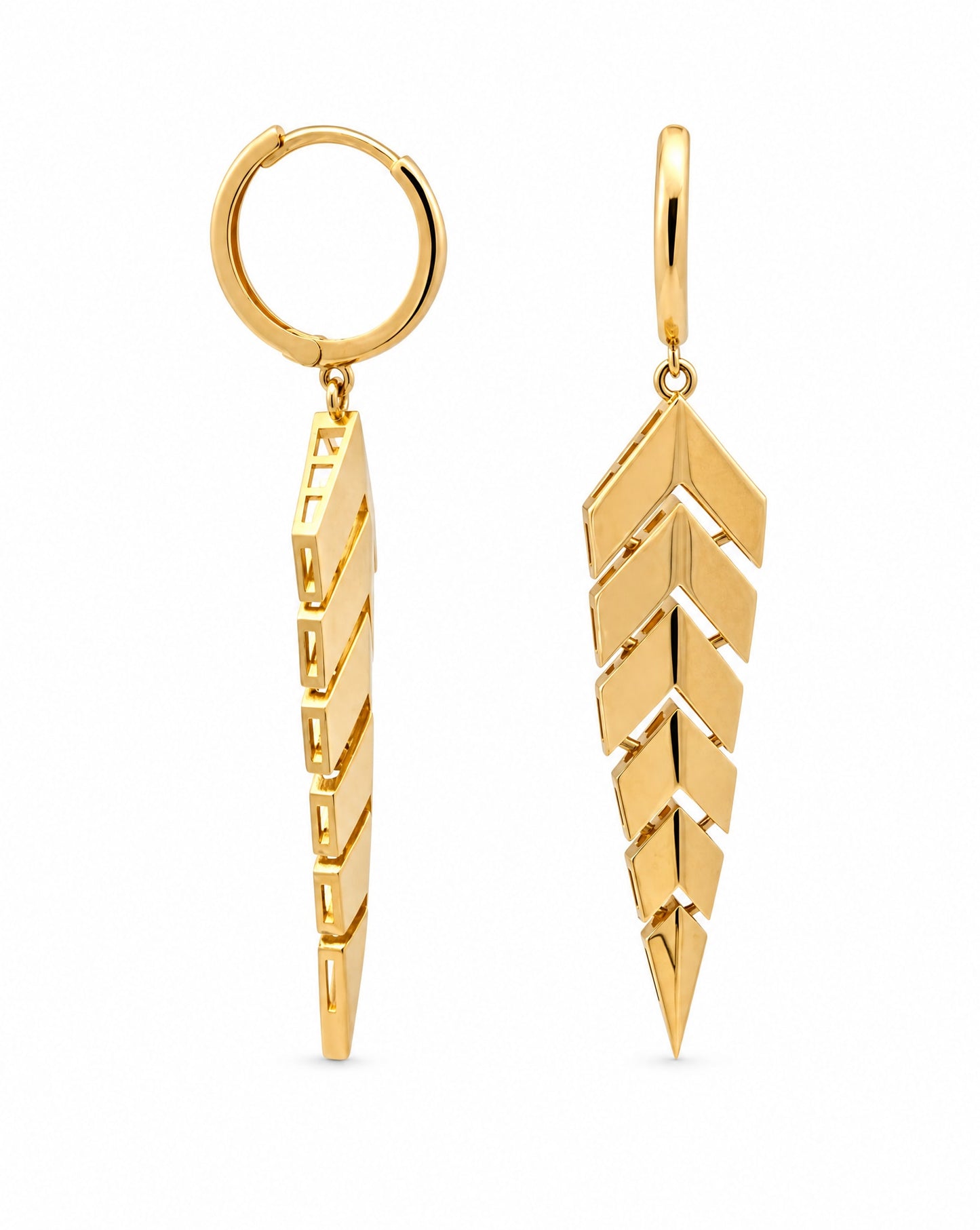 14K Yellow Gold Chevron Arrowhead Dangle Huggie Earrings