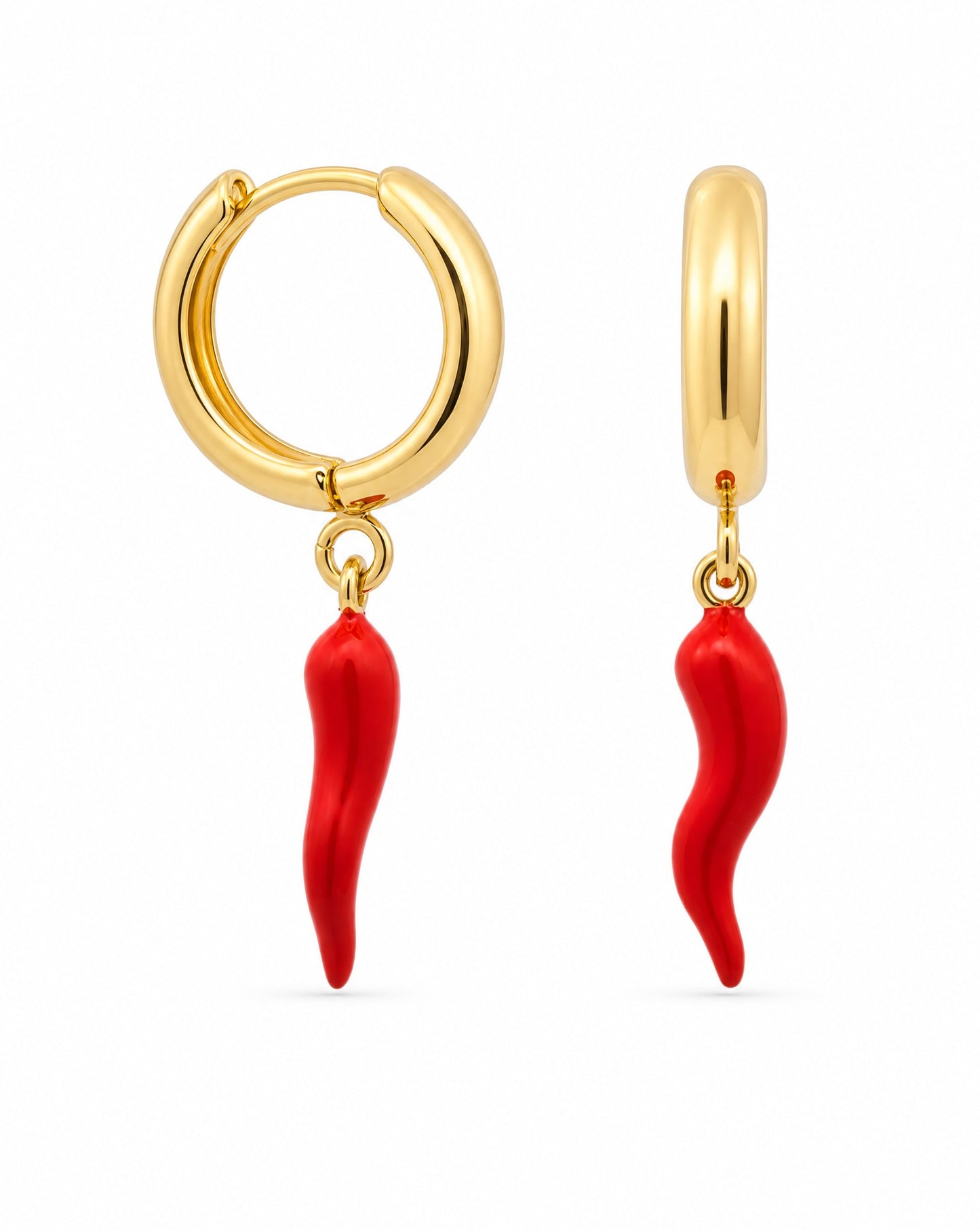 14K Yellow Gold Red Italian Horn Dangle Huggie Earrings