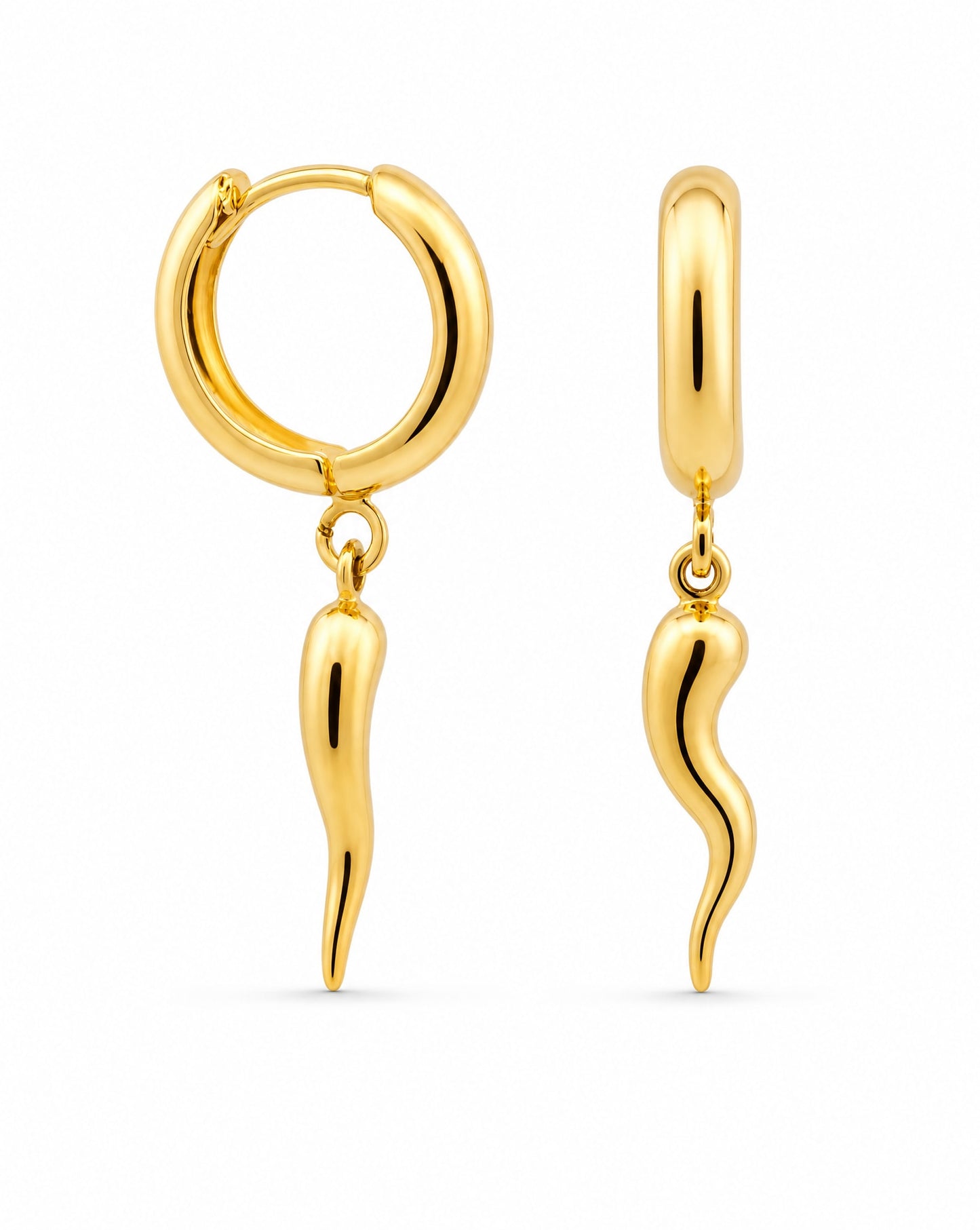 14K Yellow Gold Italian Horn Dangle Huggie Earrings