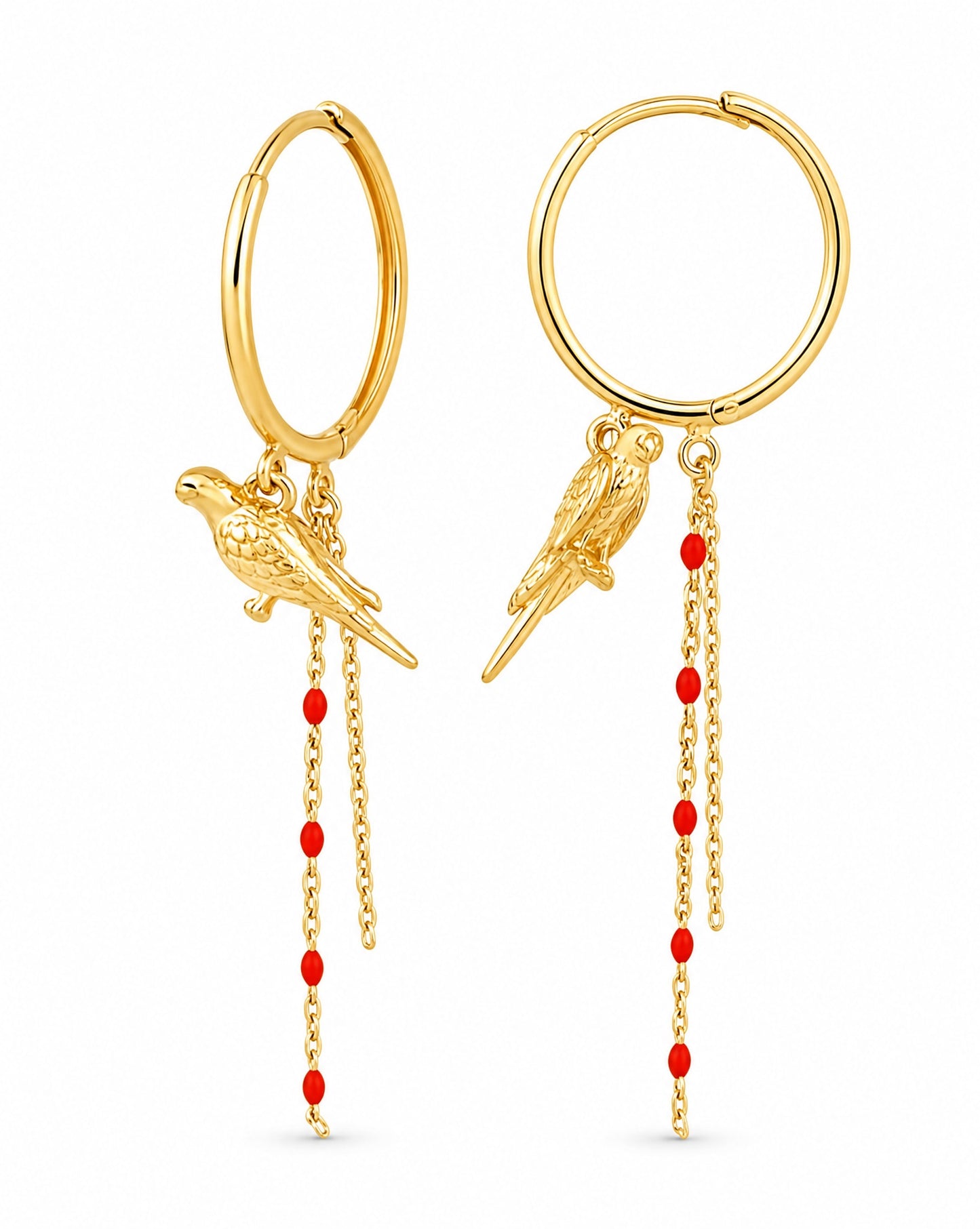 14K Yellow Gold Parrot Charm Dangle Endless Hoop Earrings