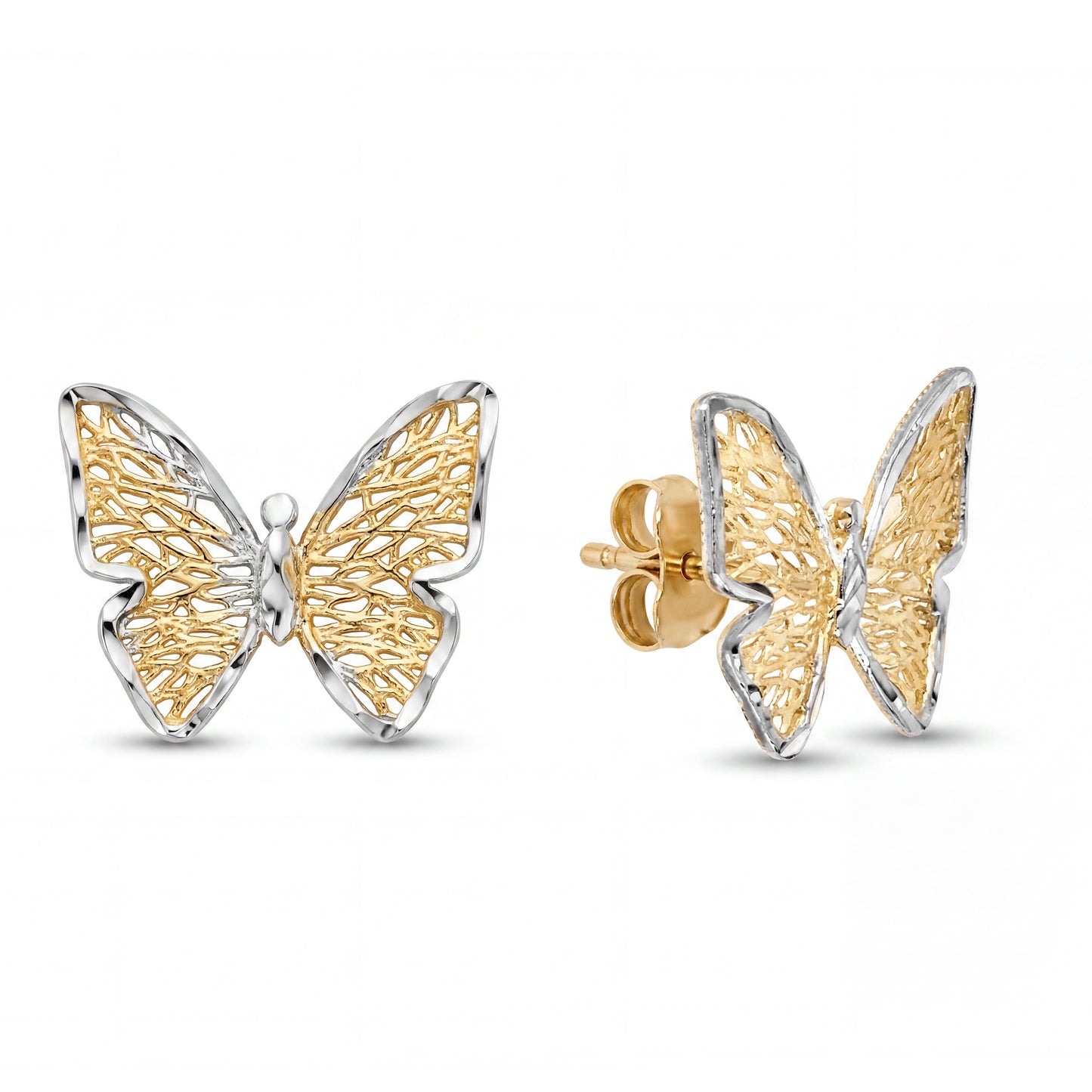 14K 2 Tones Gold Detailed Butterfly Earring