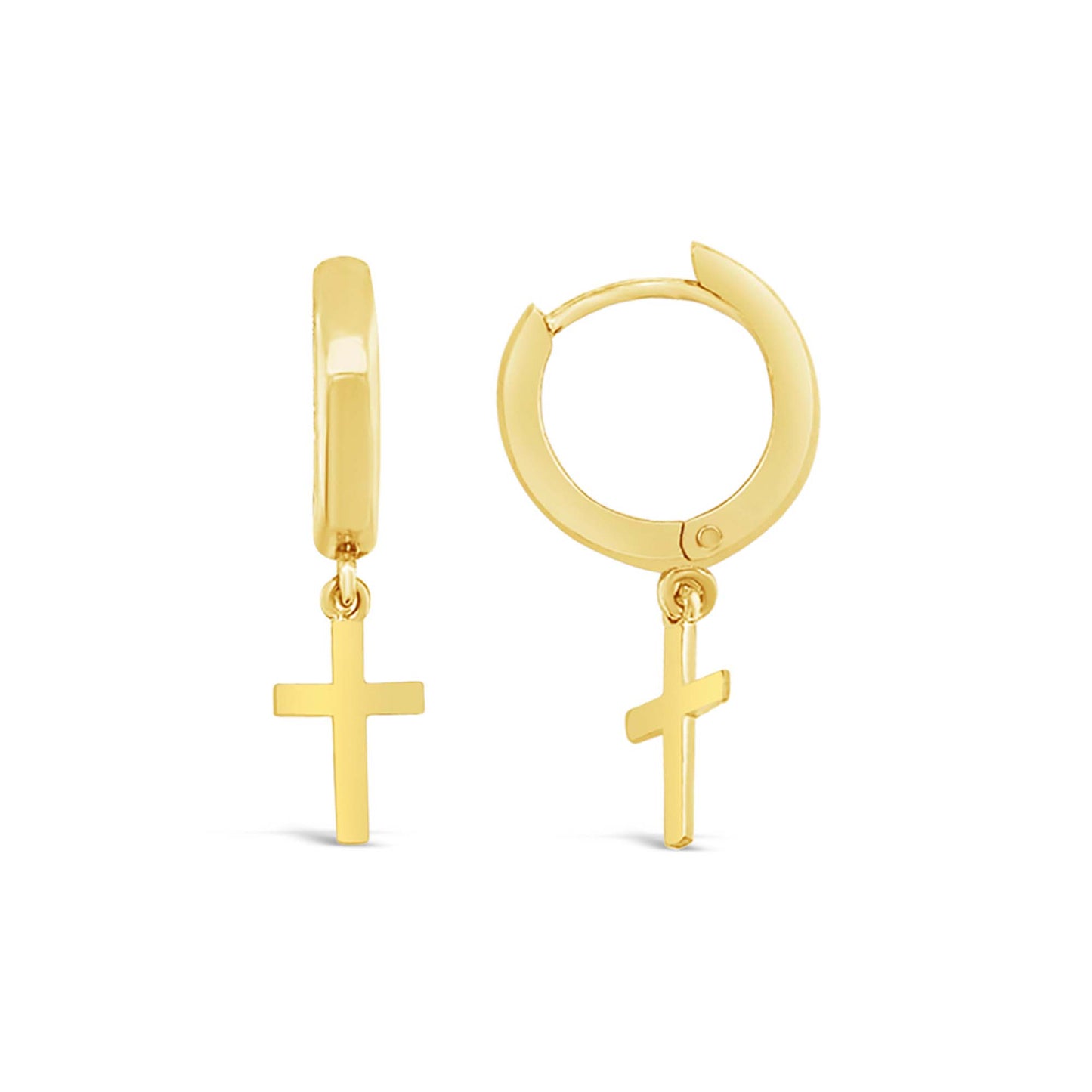 14K Yellow Gold Dangling Mini Cross Huggie Earring