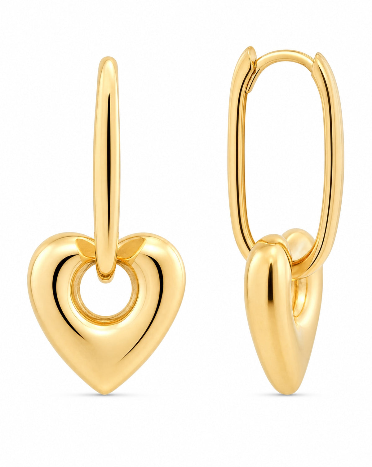 14K Yellow Gold Dangling Puffy Heart Huggie Earring