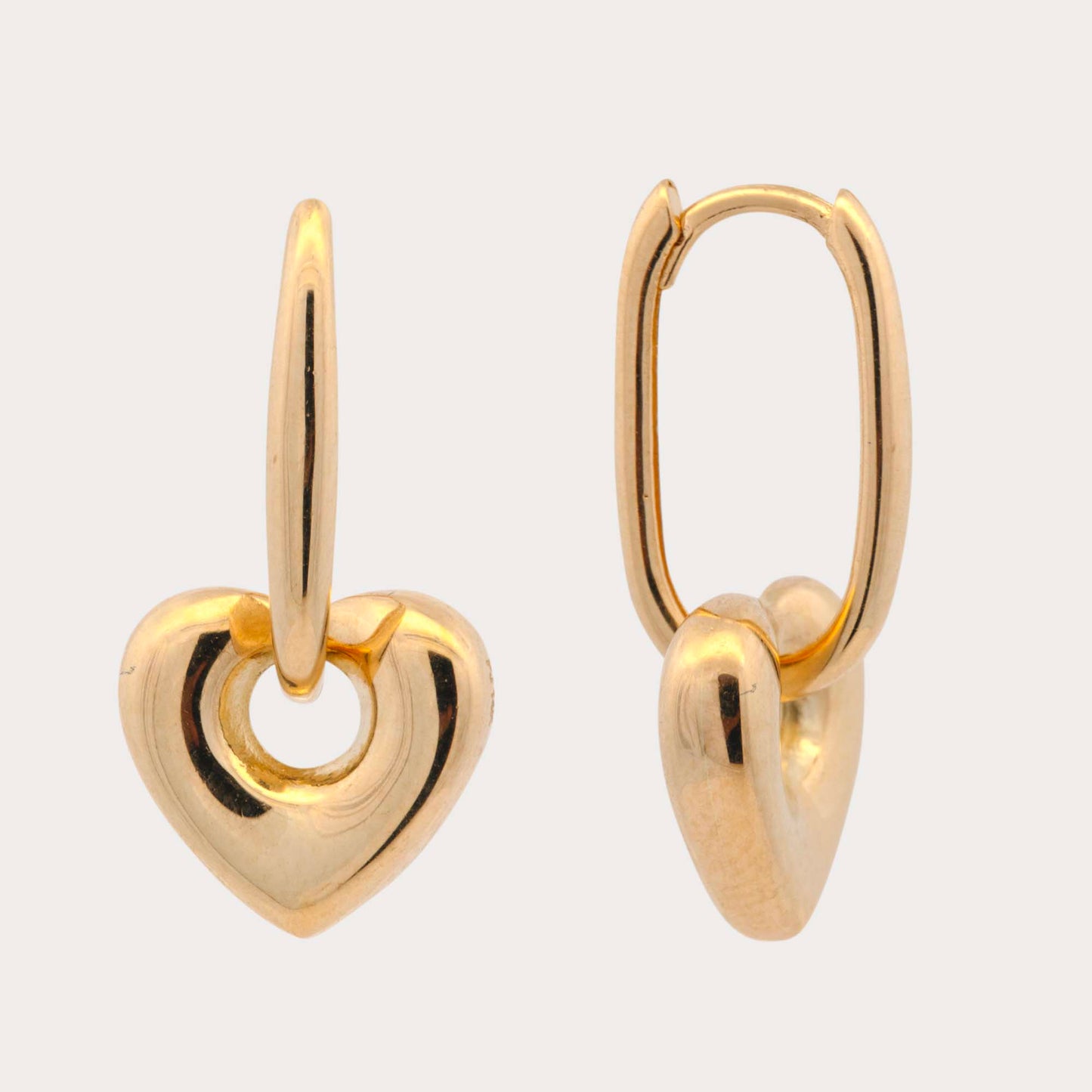 14K Yellow Gold Dangling Puffy Heart Huggie Earring
