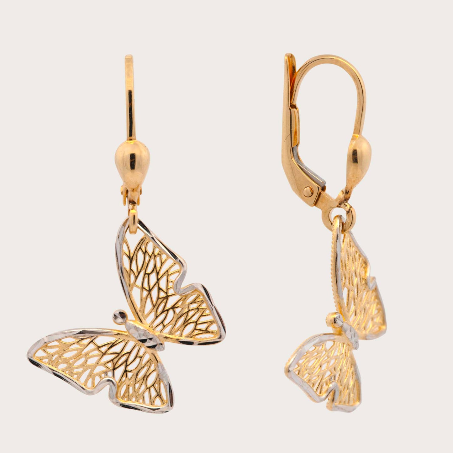 14K 2 Tones Gold Dangling Butterfly Earring