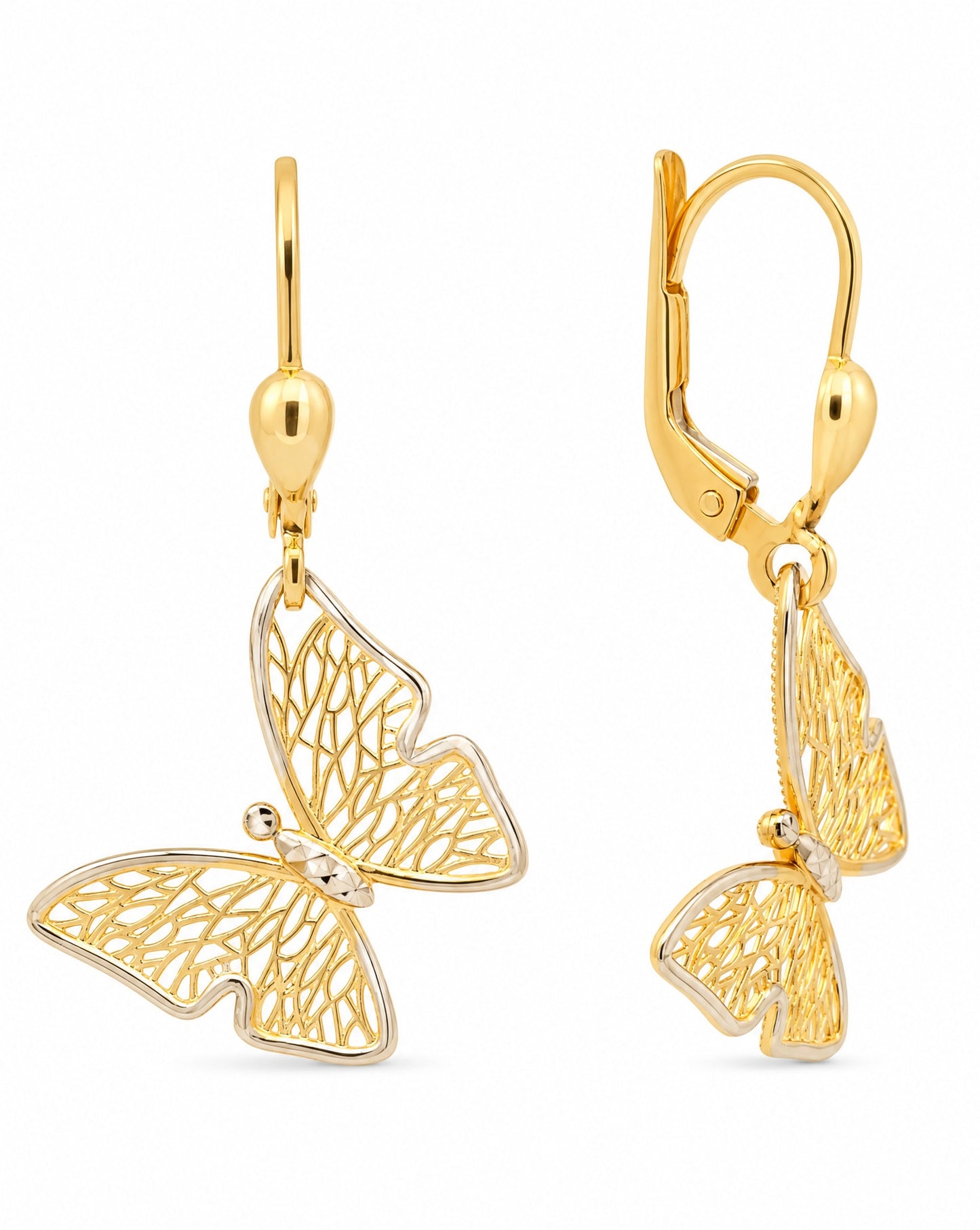 14K 2 Tones Gold Dangling Butterfly Earring