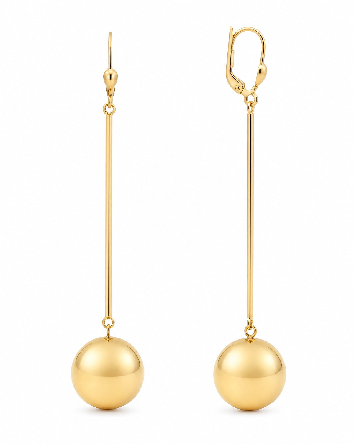 14K Yellow Gold Plain Ball Long Dangling Earring