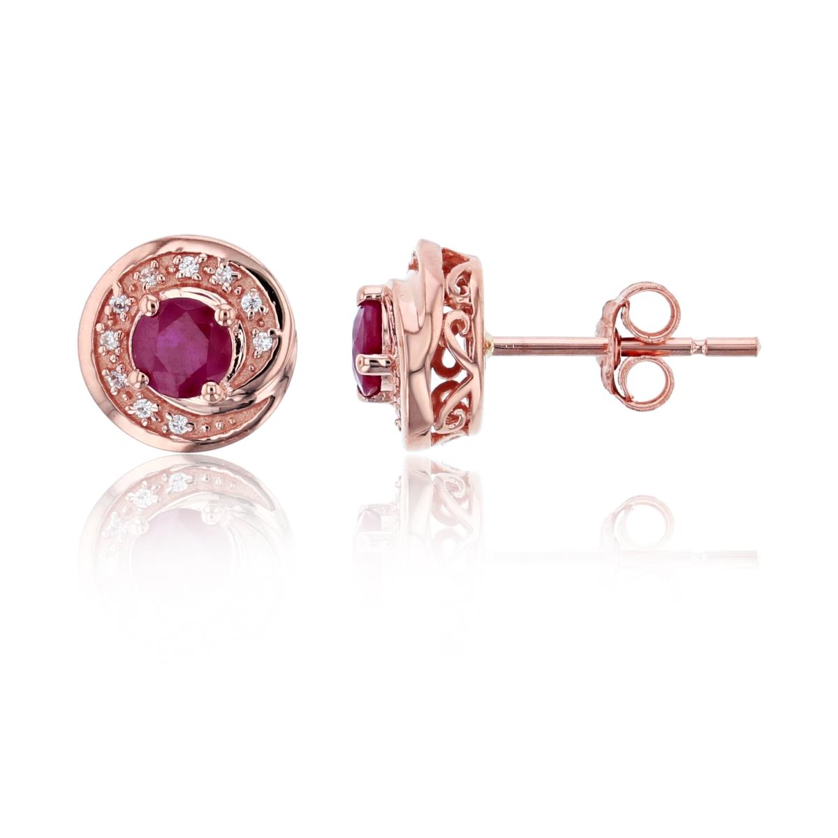 14K Rose Gold Round Ruby and Diamond Stud Earrings