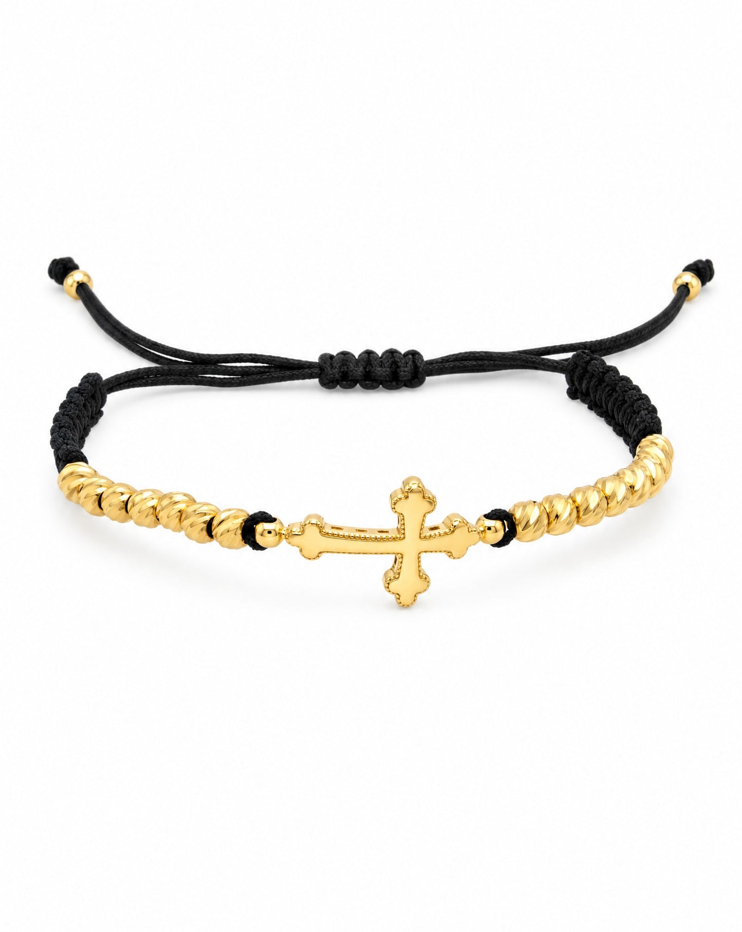 14k Yellow Gold Sideways Cross Beaded Men's Leather Bracelet